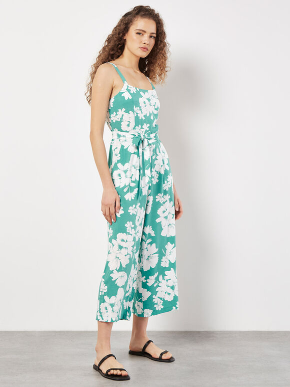 Floral Silhouette Wide-Leg Jumpsuit, Aqua - Turquoise, large