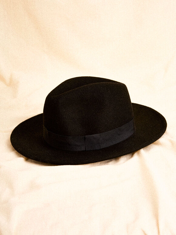 Wool Fedora Hat, Black, large