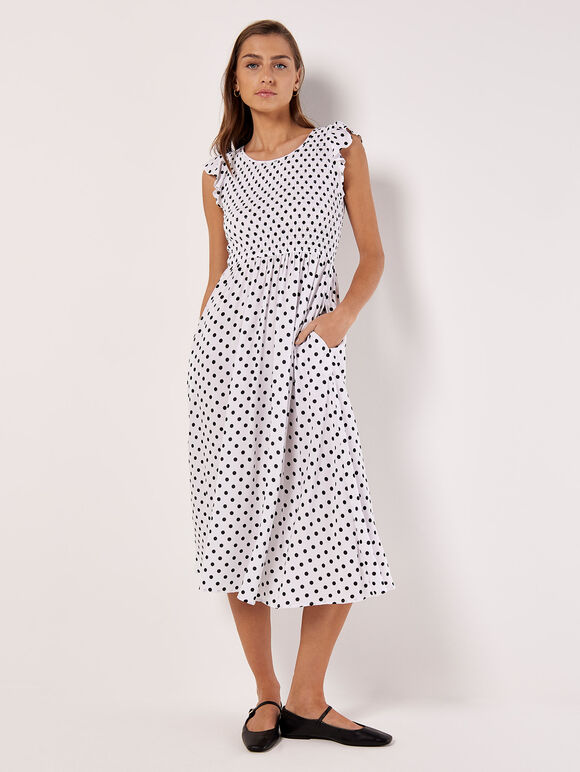 Polka Dot Smocked Midi Dress, White, large