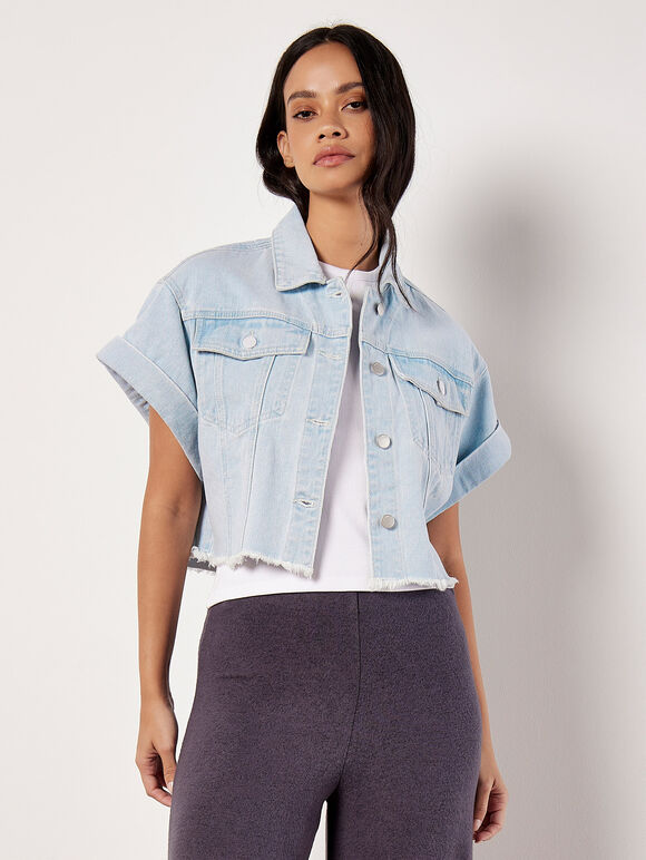 Short Sleeve Cropped Denim Jacket, Blue, large