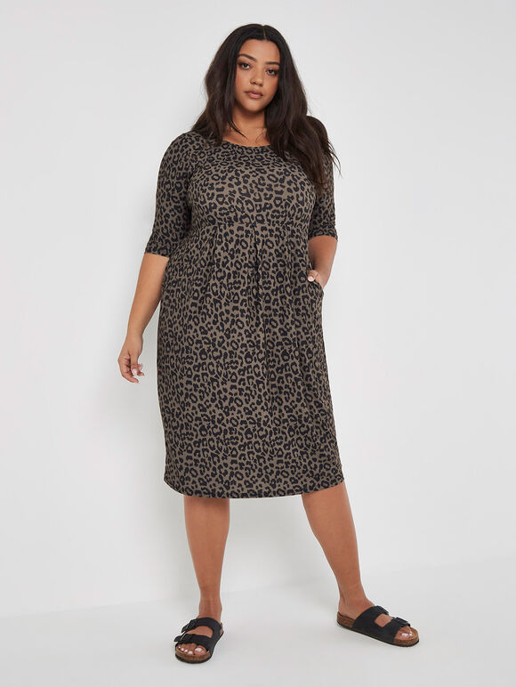 Curve Animal Print Tunic Midi Dress, Khaki, large