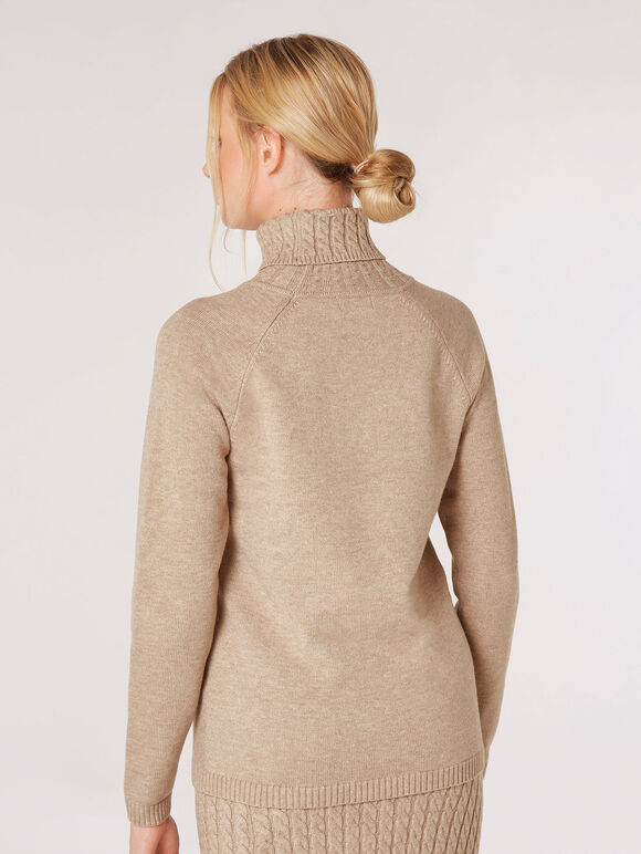 Aran Knit Roll Neck Jumper, Stone, large