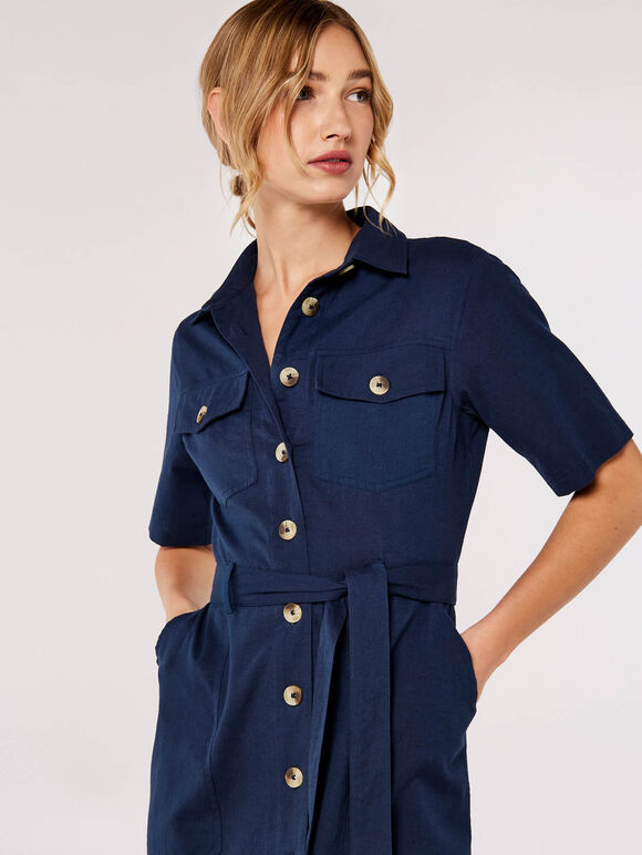 Cotton Linen Blend Midi Shirt Dress, Navy, large