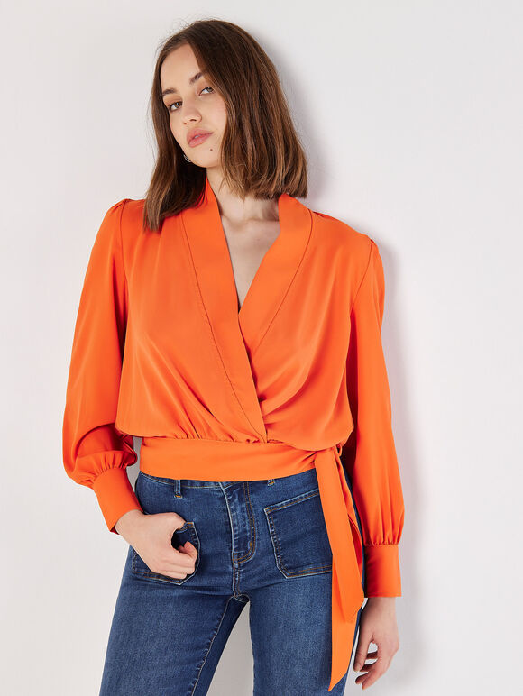 Soft Twill Wrap Top, Orange, large