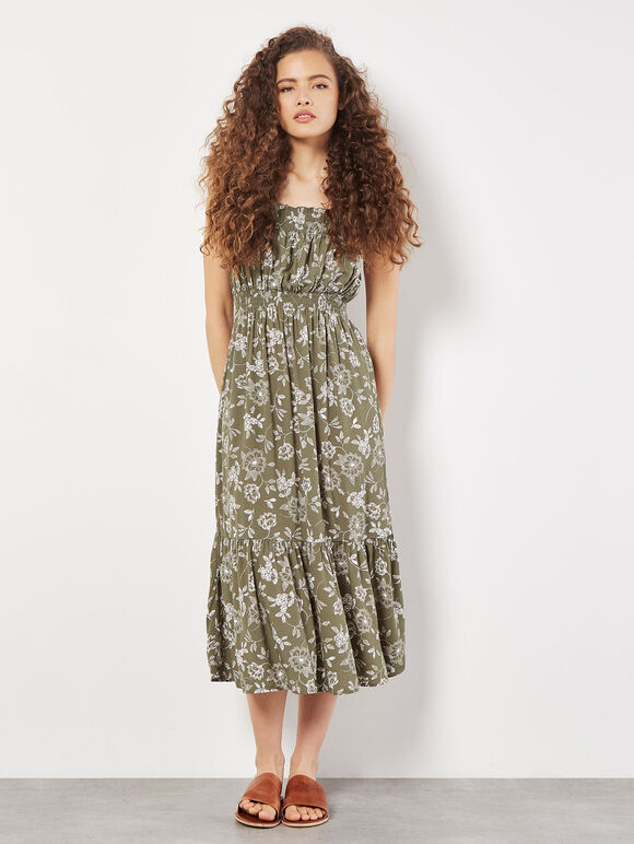Floral Silhouette Smocked Midi Dress, Khaki, large