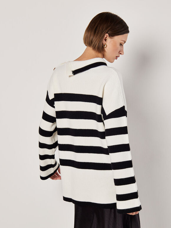 Button Detail Stripe Jumper, Black, large