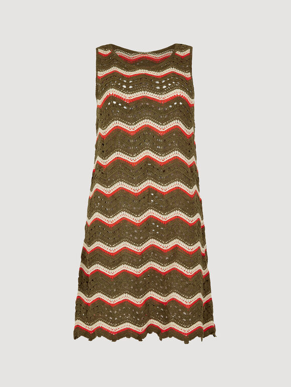Chevron Crochet Shift Mini Dress, Khaki, large