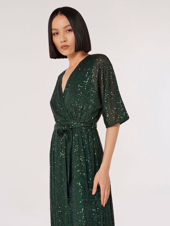 Sequin Kimono Midi Dress, Green, large