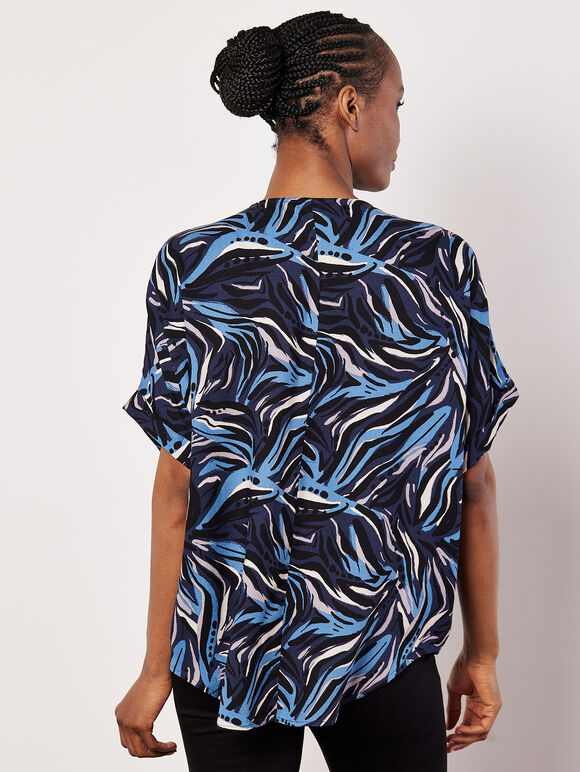 Abstract Print Pleat Blouse, Navy, large