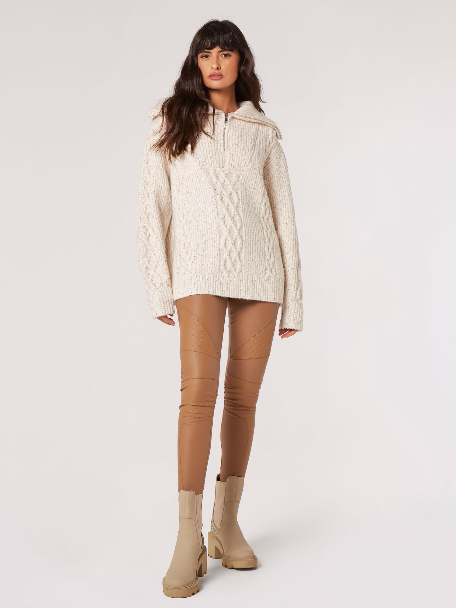 Chunky Cable Knit Zip Neck Jumper | Apricot Clothing