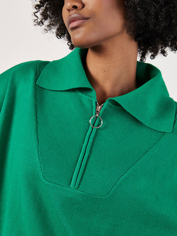 Cropped Zip Neck Sweatshirt, Green, large