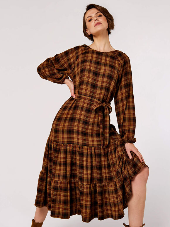 Textured Check Midi Dress, Mustard, large