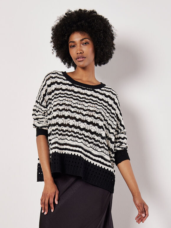 Pointelle Stripe Crochet Jumper, Black, large