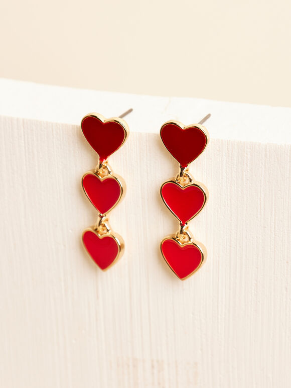 Gold Tone Heart Drop Earrings, Red, large