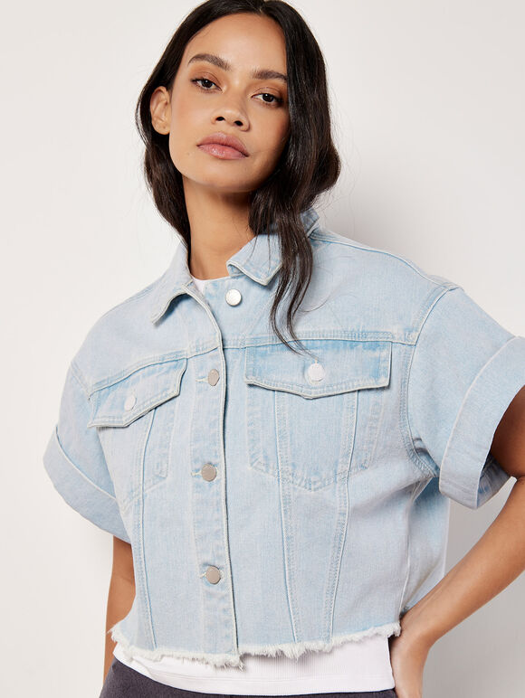 Short Sleeve Cropped Denim Jacket, Blue, large