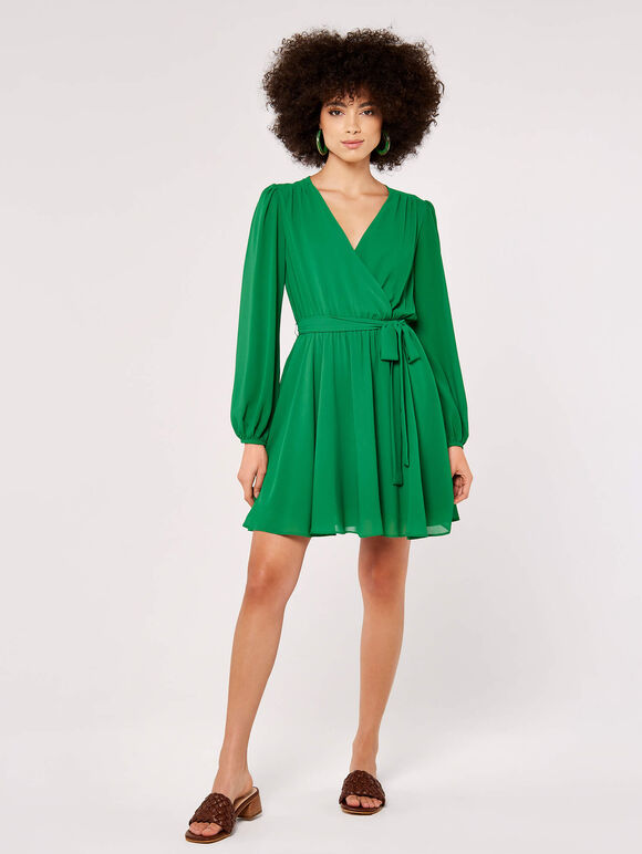 Chiffon Wrap Mini Dress, Green, large