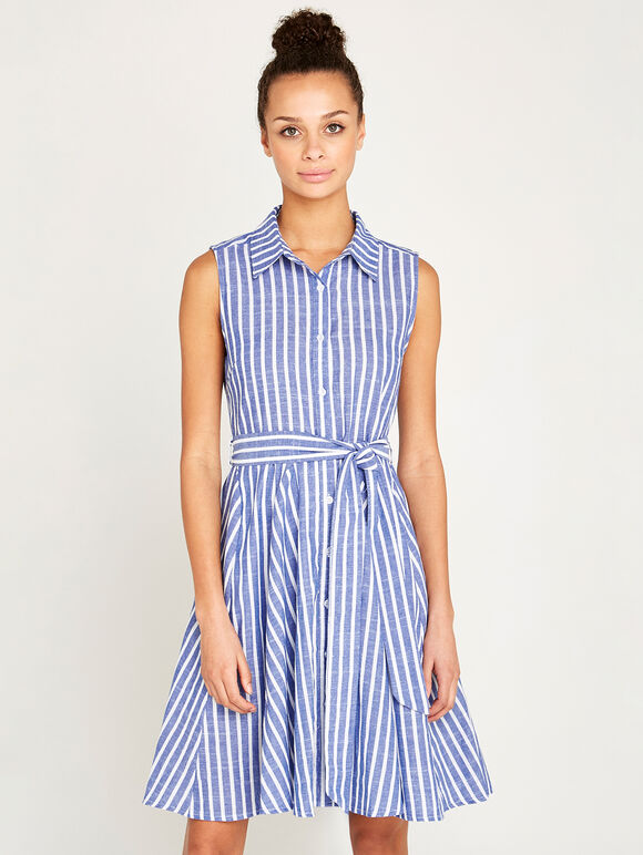 Pinstripe Button Tie Waist Dress, Blue, large