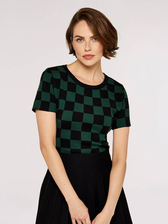 Chequered  Knit Top, Green, large