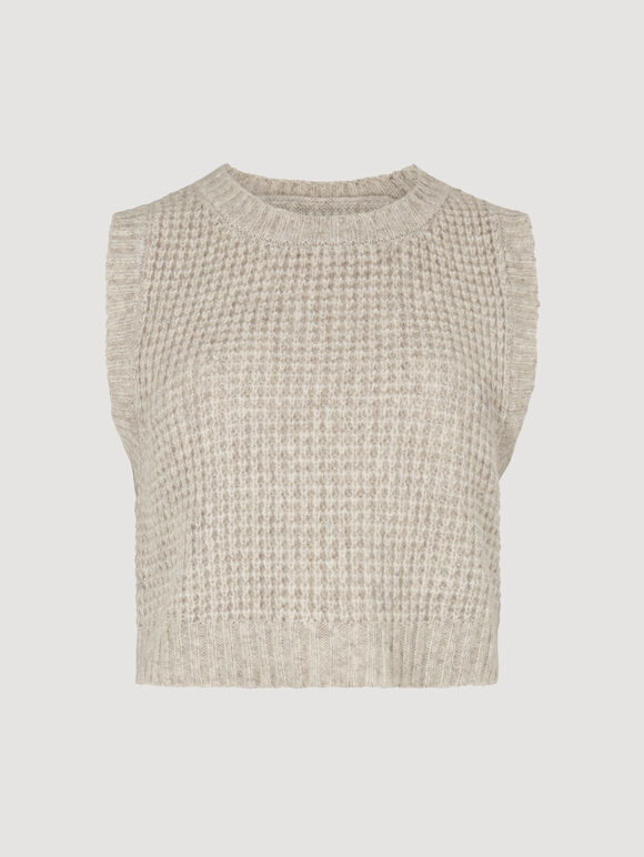 Cropped Waffle Knitted Vest Top, Stone, large