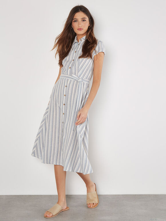 Striped Midi Shirt Dress, Blue, large