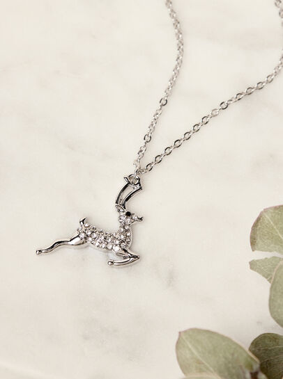 Silver Tone Crystal Reindeer Necklace