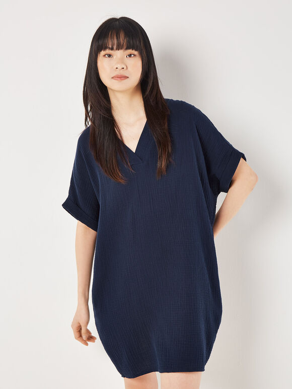 Textured Cotton Oversized T-Shirt Dress, Navy, large
