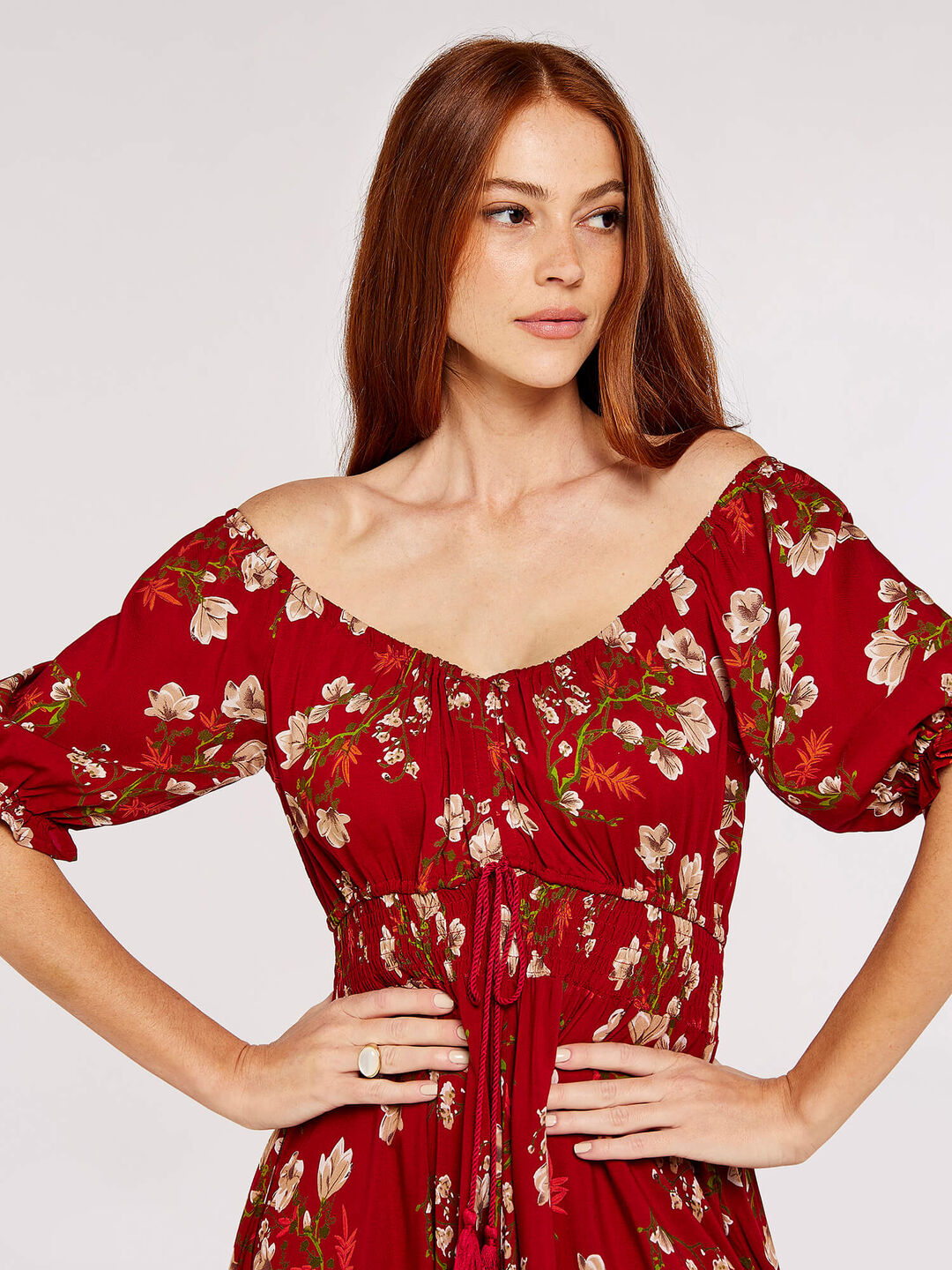 Blossom Bardot Maxi Dress Apricot Clothing, 54% OFF