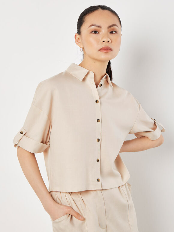 Woven Cropped Shirt, Stone, large