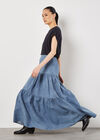 Cotton Denim Tiered Maxi Skirt, Blue, large