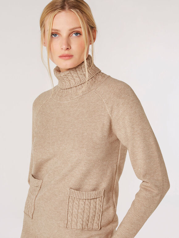 Aran Knit Roll Neck Jumper, Stone, large