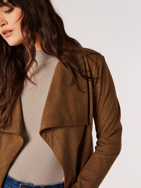 Cropped Suede Waterfall Jacket, Brown, large