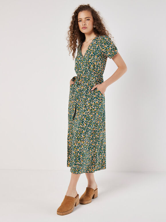 Ditsy Floral Decorative Button Midi Dress, Green, large