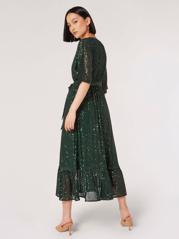 Sequin Kimono Midi Dress, Green, large