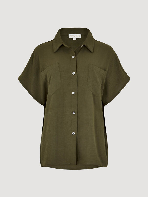 Textured Short Sleeve Shirt, Khaki, large