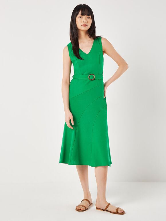 Linen Blend Belted Midi Dress, Green, large