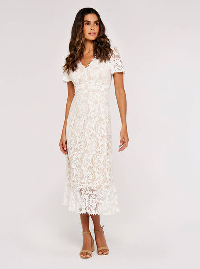 Boohoo Plus Lace Plunge Neck Panelled Bodycon Dress White Size 24 BNWT
