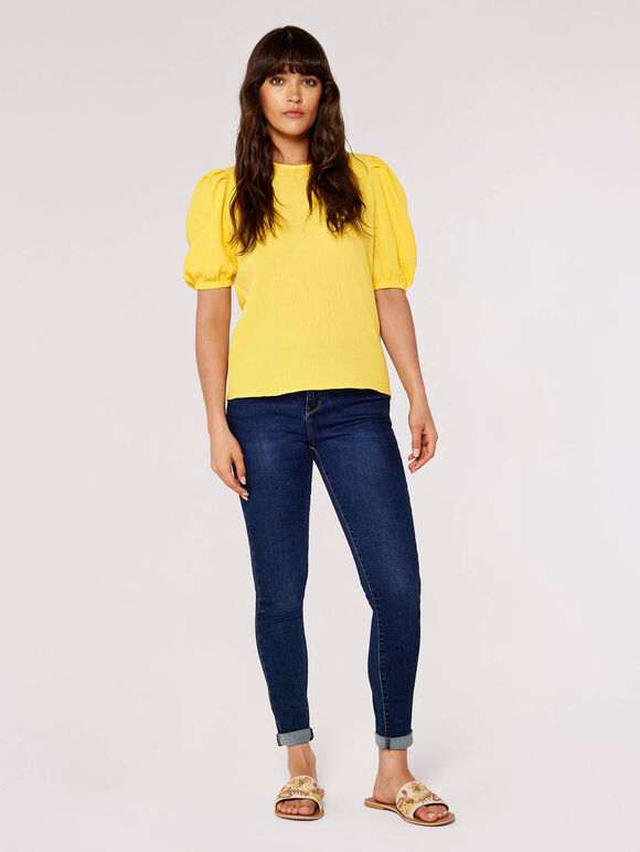 Textured Cotton Puff Sleeve T-Shirt, Yellow, large