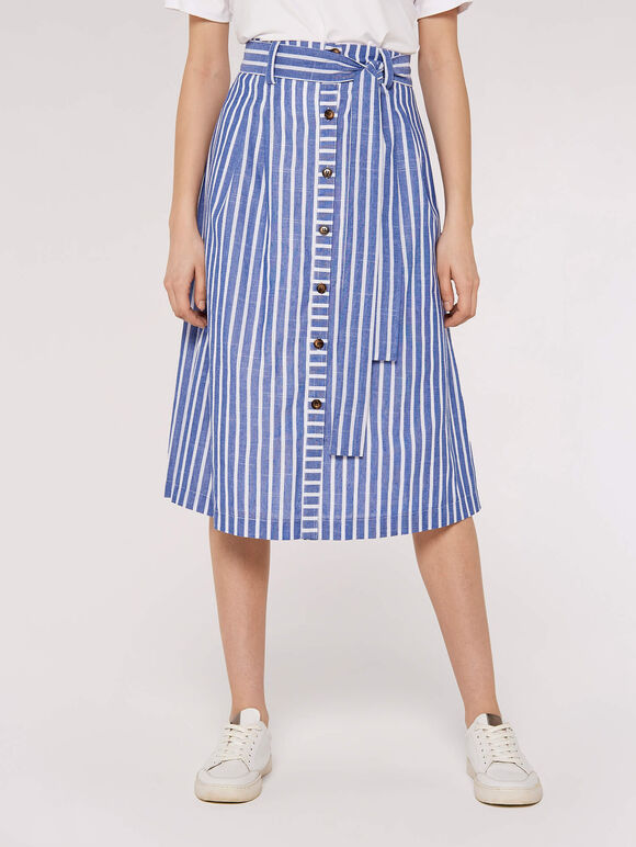 Striped Button Midi Skirt, Blue, large