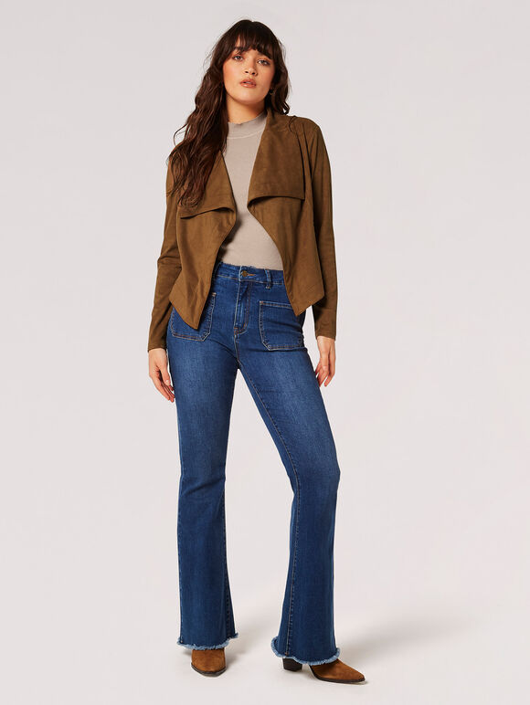 Cropped Suede Waterfall Jacket, Brown, large