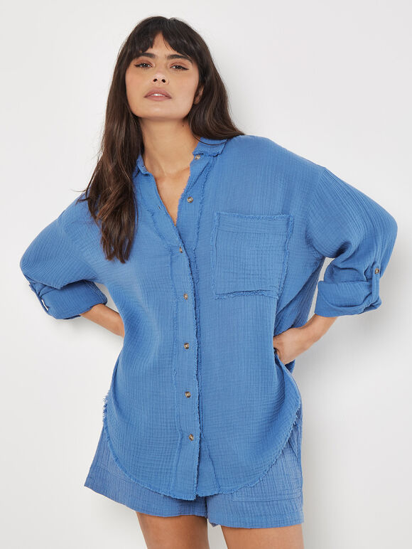 Textured Cotton Oversized Shirt, Blue, large