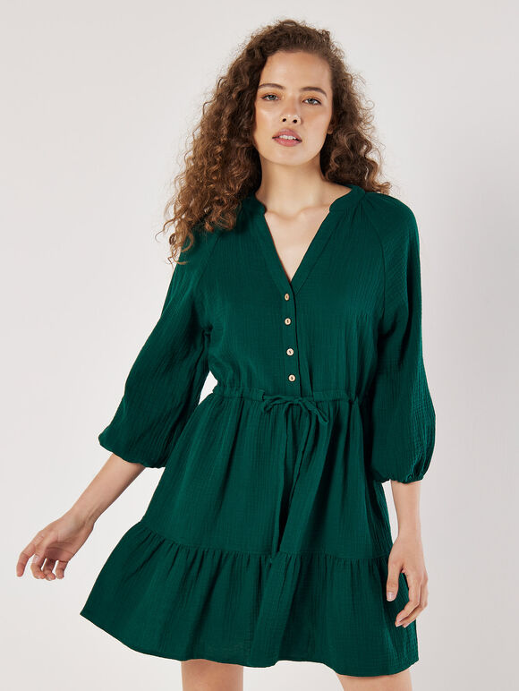 Textured Cotton Drawstring Mini Dress, Green, large