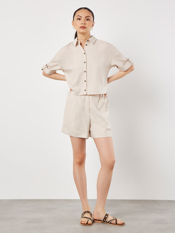 Rolled Hem Woven Shorts, Stone, large