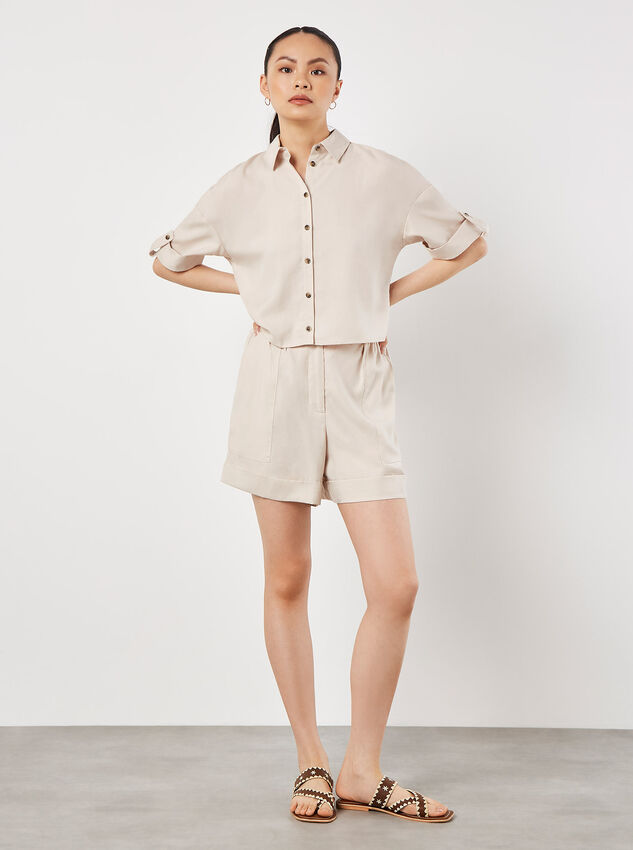 Rolled Hem Woven Shorts, Stone, large