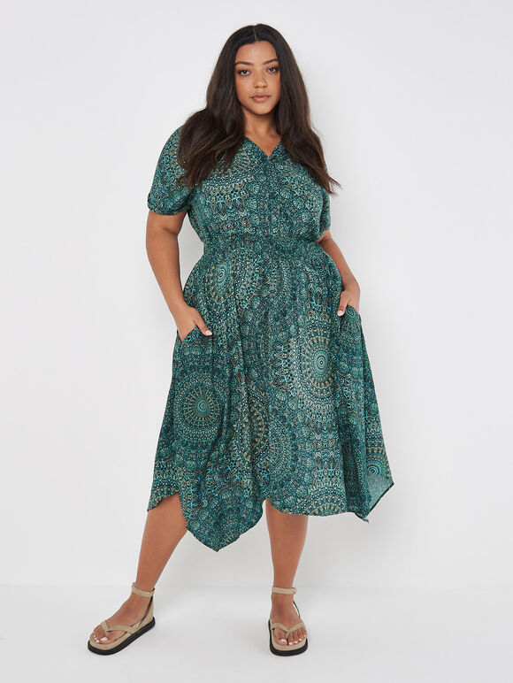 Curve Moroccan Mandala Midi Dress, Green, large