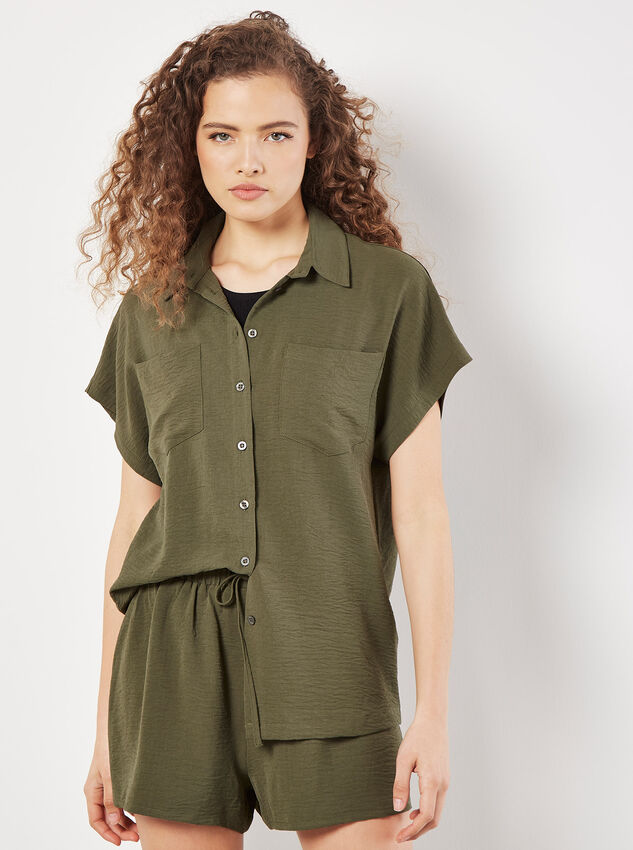 Textured Short Sleeve Shirt, Khaki, large