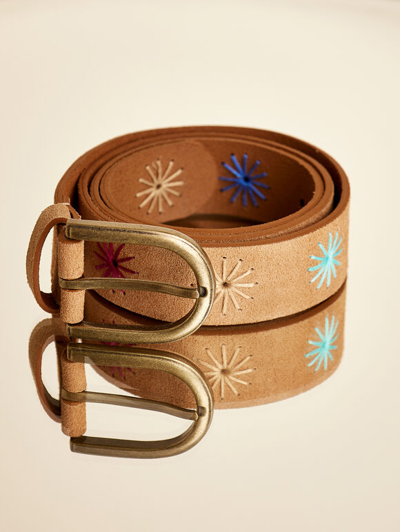 Embroidered Leather Belt
, Brown, large