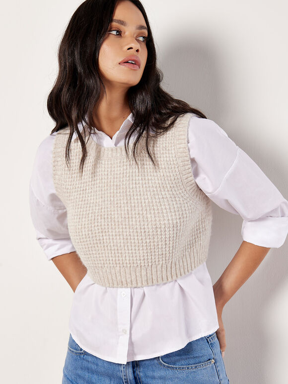 Cropped Waffle Knitted Vest Top, Stone, large