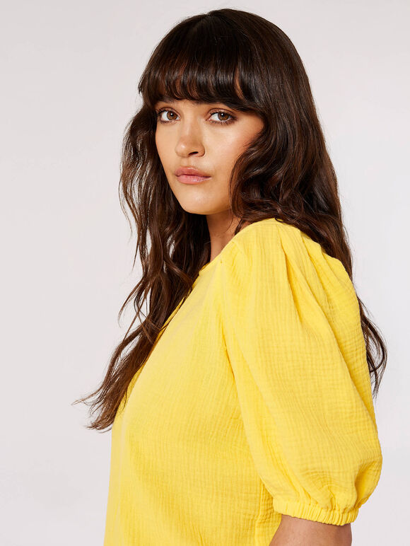 Textured Cotton Puff Sleeve T-Shirt, Yellow, large