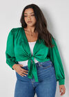 Curve Satin Tie Front Top, Green, large