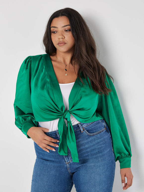 Curve Satin Tie Front Top, Green, large